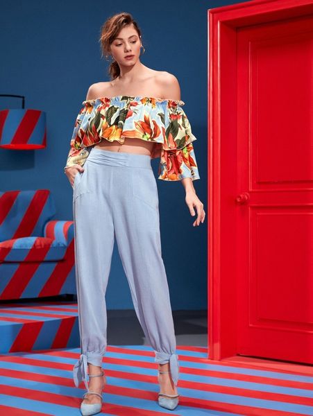 

x lezio lopes frilled off shoulder floral print crop l9ez#, White