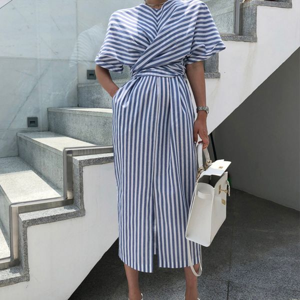 

2021 new spring striped split long women summer short sleeve with pocket slim irregular female sashes bodycon office vestidos kqdh, Black;gray