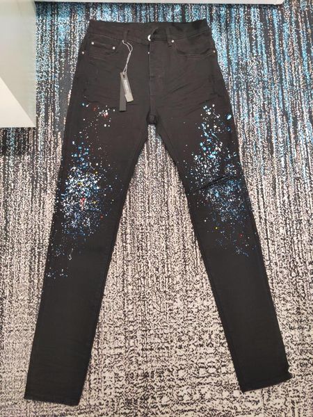 

men's jeans men random color ink paints splattered distressed black, Blue