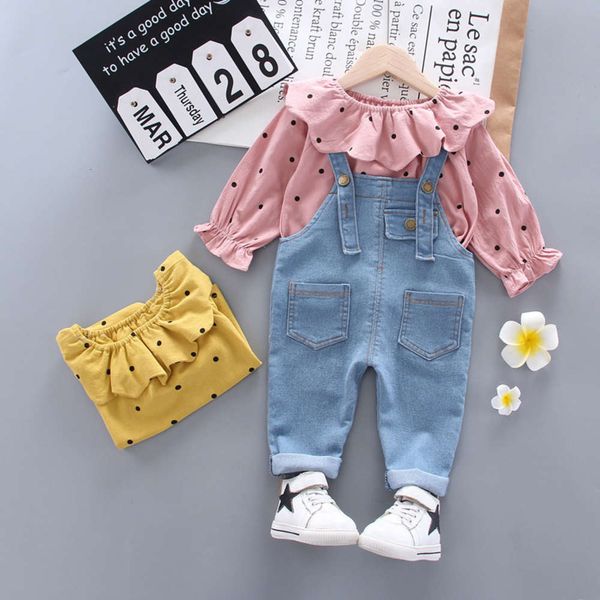 

girls' foreign style spring and autumn korean children's sweet lapel long sleeve sweater with jeans pants, Blue