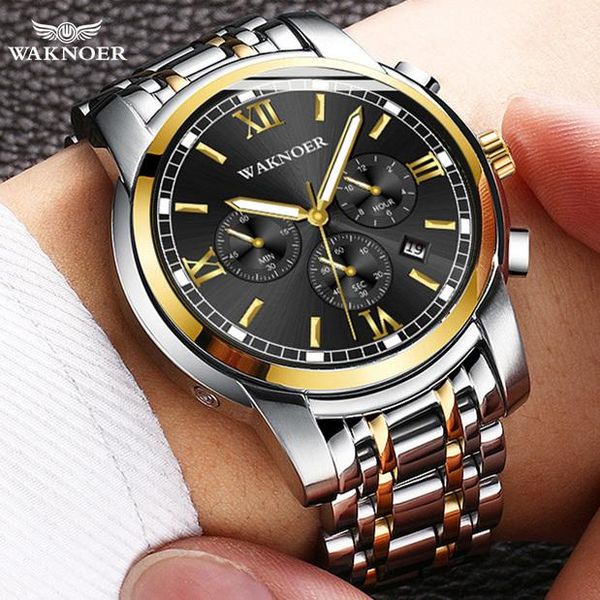 

wristwatches waknoer luxury men's watch stainless steel strap date quartz watches relogio masculino metal wristwatch arrived saati, Slivery;brown