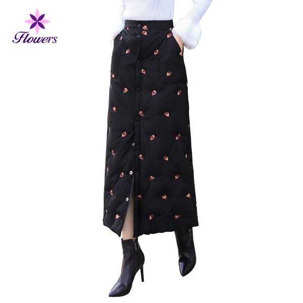 

skirts winter down cotton womens korean plus size thicken warm skirt clothes fashion embroidery high waist long lry248, Black