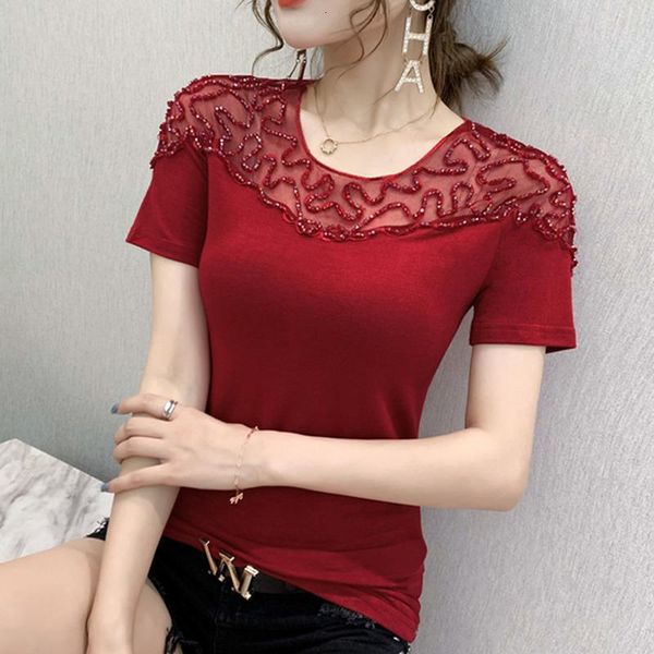 

women t-shirt 2021 new short sleeve women's openwork diamond t-shirt plus size women shirt, White