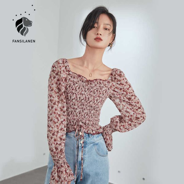 

fansilanen floral print chiffon blouse shirt women flare sleeve ruffle spring female shirring elegant boho 210607, White