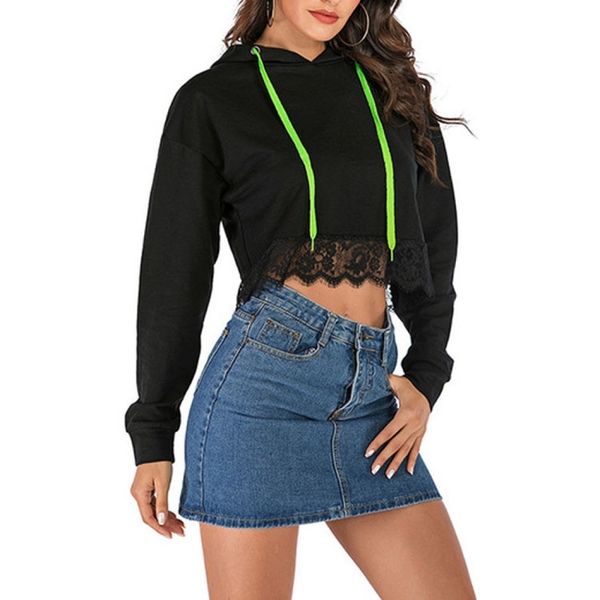 

simple autumn and winter solid color short lace hooded sweater women sizes, White