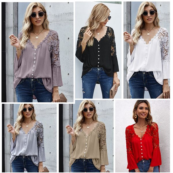 

loose large lace blouse women's long sleeve solid color deep v pullover chiffon straight 251340, Black