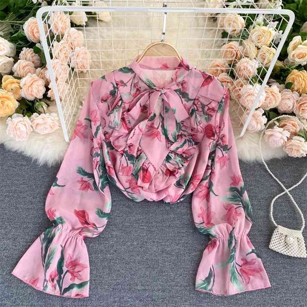 

lady elegant printed shirt women's bow collar chiffon fashion long flare sleeve clothes blouse blusas de mujer p593 210527, White