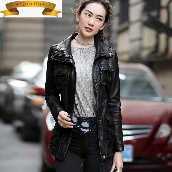 

women's leather & faux 100% jacket geniune for women sheepskin slim windbreaker spring autumn jaqueta de couro ot1918 mf184, Black