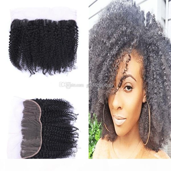 

new arrival 8a mongolian afro kinky curly lace frontal closure 13x4 afro kinky curly ear to ear full lace frontals for black woman, Black;brown