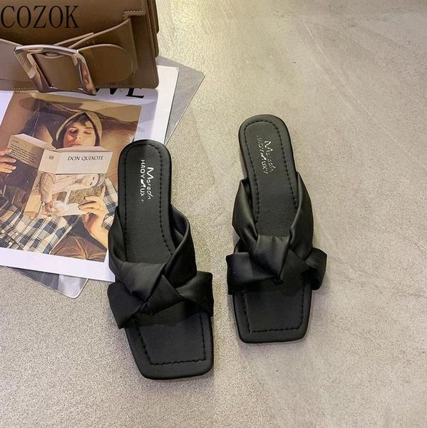 

solid color women's slippers personalized upper design trend versatile casual fashion simple temperament women's shoes, Black