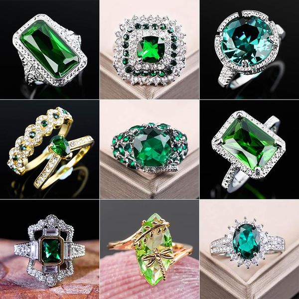 

cluster rings large green stone ring for women wedding gift luxury jewelry color cubic zirconia bague femme anillos mujer z5x873, Golden;silver
