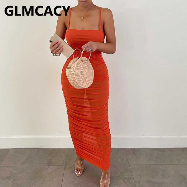 

spaghetti strap solid mesh dress see through ruched maxi dress 210702, Black;gray