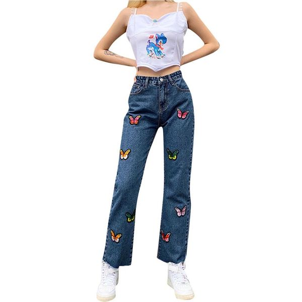 

women's jeans lady girl style high waist show thin butterfly embroidery straight leg positioning printing pants pantalon femme, Blue