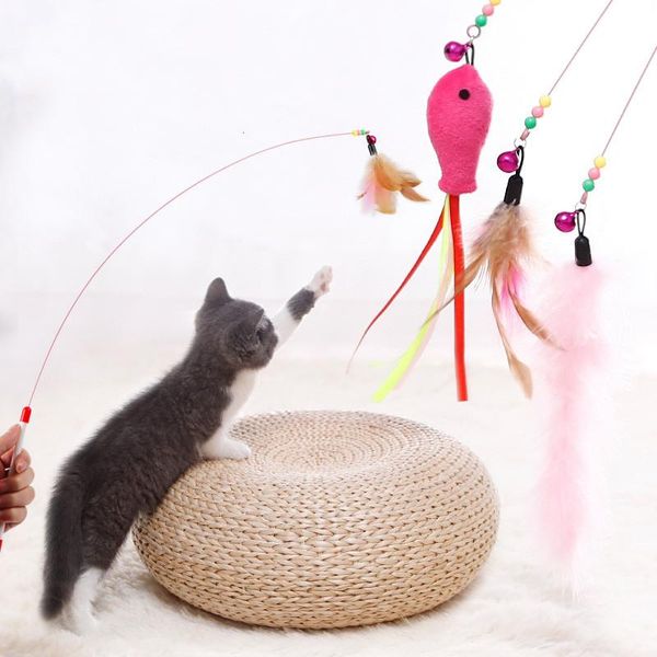 

cat toys funny feather kitten toy with small bell cats interactive stick colorful wand teasing sticks pet supplies training tool