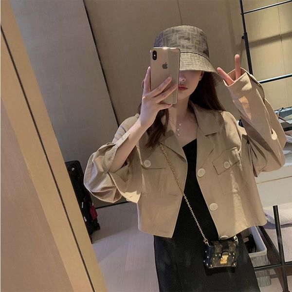 

solid color lapel long sleeve short coat thin autumn women's 2021 new fashionable loose leisur single breasted tooling jacket, Black;brown