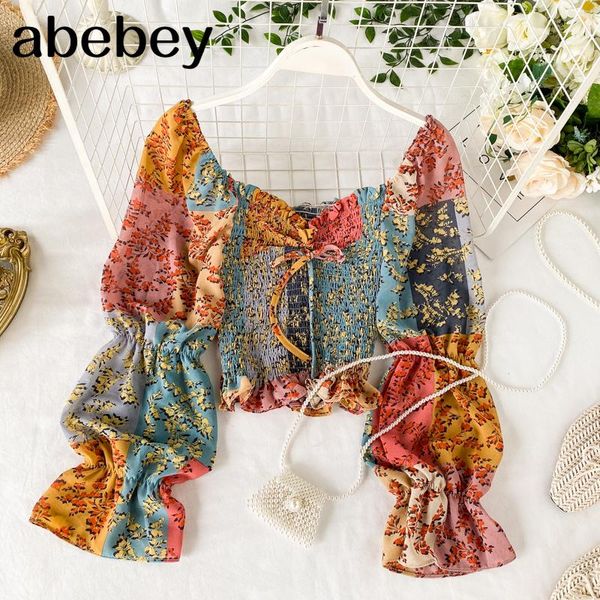 

women's blouses & shirts korean fashion boho beach print shirt women long puff sleeve ruffle short chiffon blouse female blusas, White
