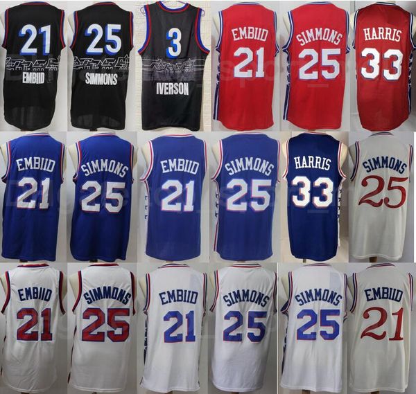 

men basketball ben simmons jersey 25 tobias harris 33 allen iverson 3 joel embiid 21 blue white red beige black city earned edition, Black;red