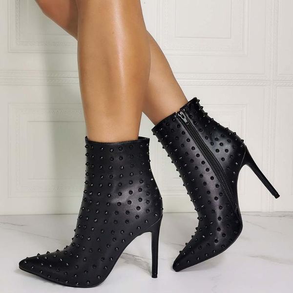 

boots doratasia ins arrival female pointed toe punk ankle rivet brand designer autumn women high heels party shoes woman, Black