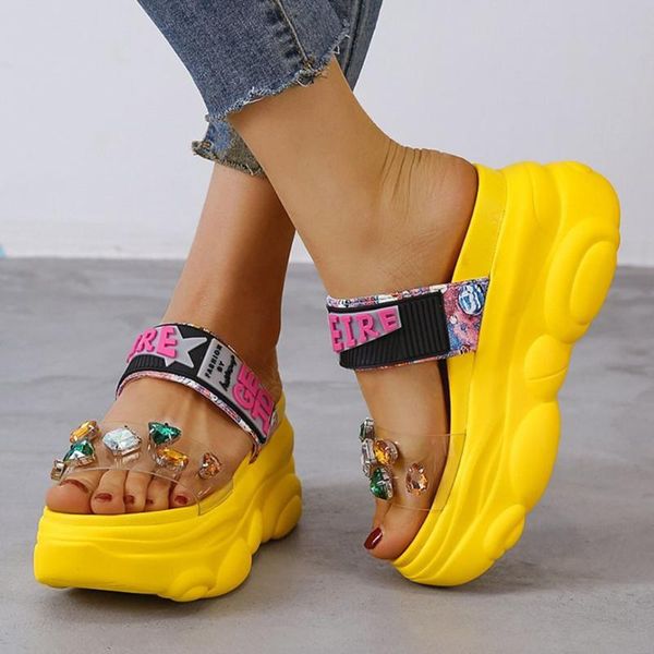 

slippers sorphio 2021 arrival female thick bottom casual crystal women shoes mixed color slip on platform, Black