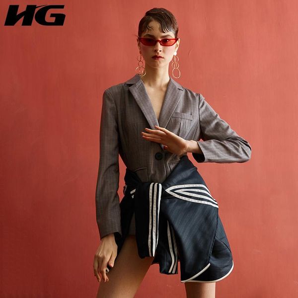 

women's suits & blazers [hg] 2021 autumn europe fashion women false two pieces notched collar coats female full sleeve striped gwy1789, White;black
