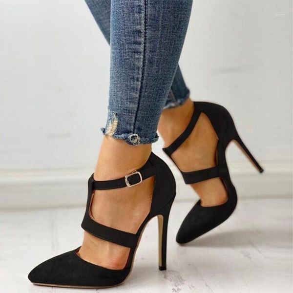 

dress shoes women buckle hight heels woman pointed toe sandals female party summer ladies retro flock footwear plus size 43, Black
