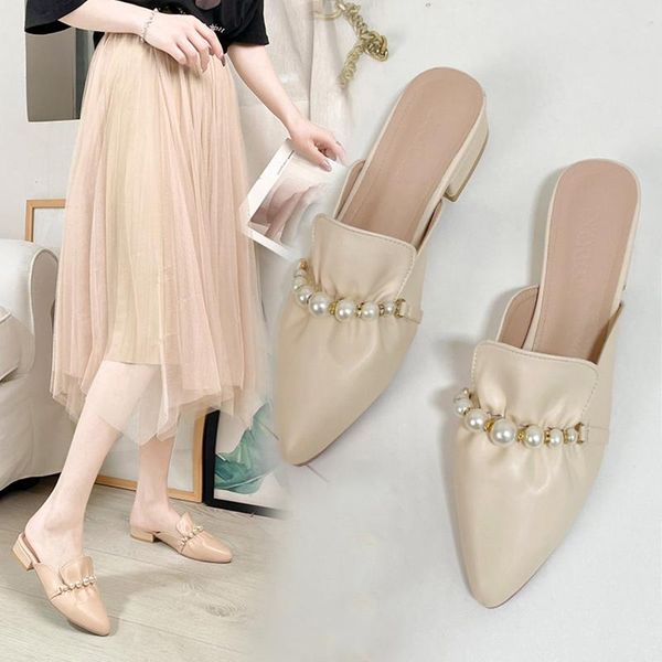 

slippers elegant temperament baotou ladies half spring and summer fashion all-match pointed toe low-heeled muller shoes, Black