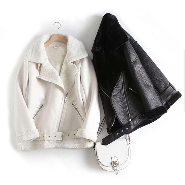 

women's leather & faux ftlzz autumn winter elegant women sheepskin coats thicken fur lining jacket outwear, Black