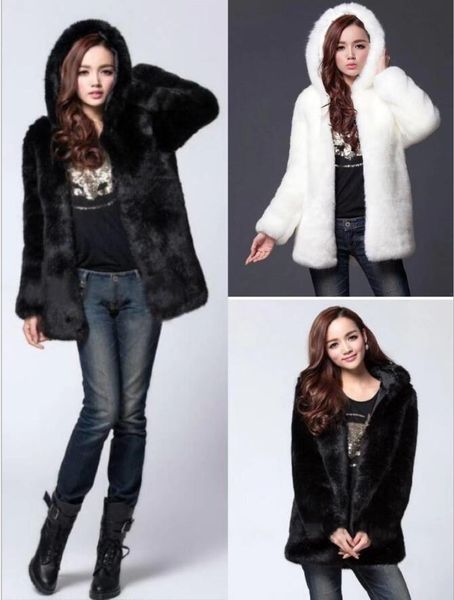 

european and american autumn and winter women's fur pure color hooded casual rabbit-like fur coat new round neck warm loose coat hua hu, Black