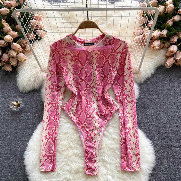 Frauen Design Snake Print Strampler Stehkragen Langarm Slim Jumpsuits Sommer Retro Mode Streetwear Bodysuit 210715