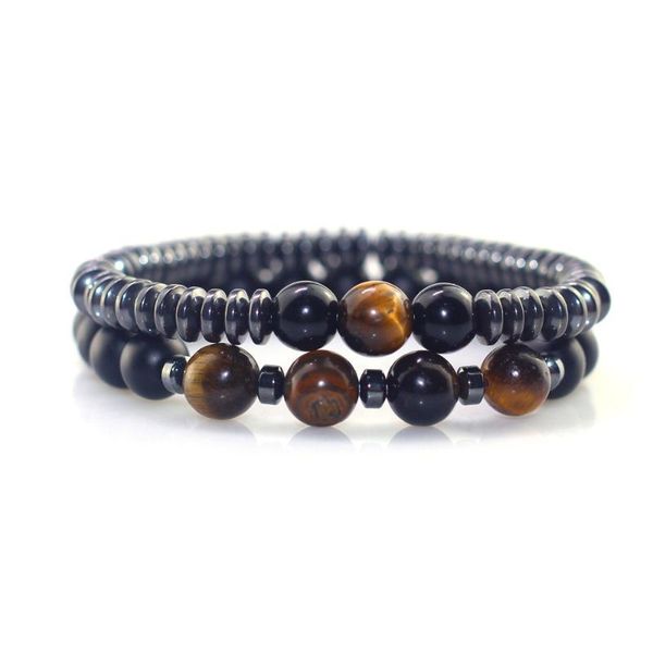 

beaded, strands 2021 2pcs/set fashion natural stone 8mm beads bracelet men 6mm hematite round tablets chain bracelets for women pulseras, Black