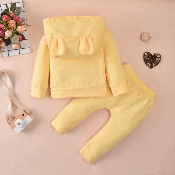 

autumn solid infant baby girls boys trousers suit hooded v neck long sleeve cartoon ear pants spring set, White