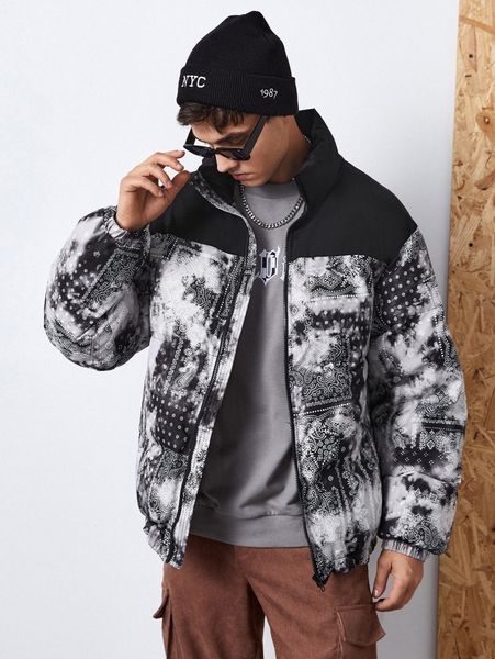 

men tie dye paisley scarf print zipper puffer coat n0v3#, Black;brown
