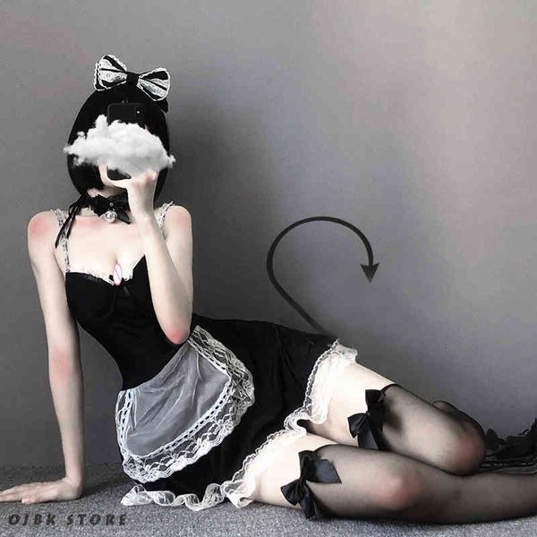 OJBK Sexy Französische Dienstmädchen-Cosplay-Kostüme, kurzes Mini-Spitzenkleid mit Stirnband, gotischer dunkler Farbstil, Rollenspiel-Dessous für Paare
