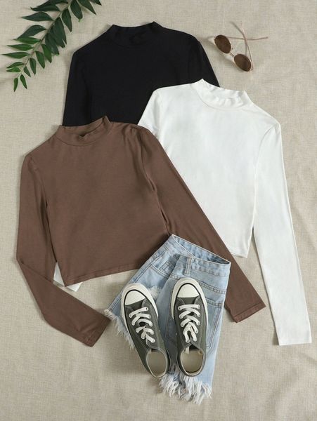 

3pcs solid stand neck tee e4y4#, White