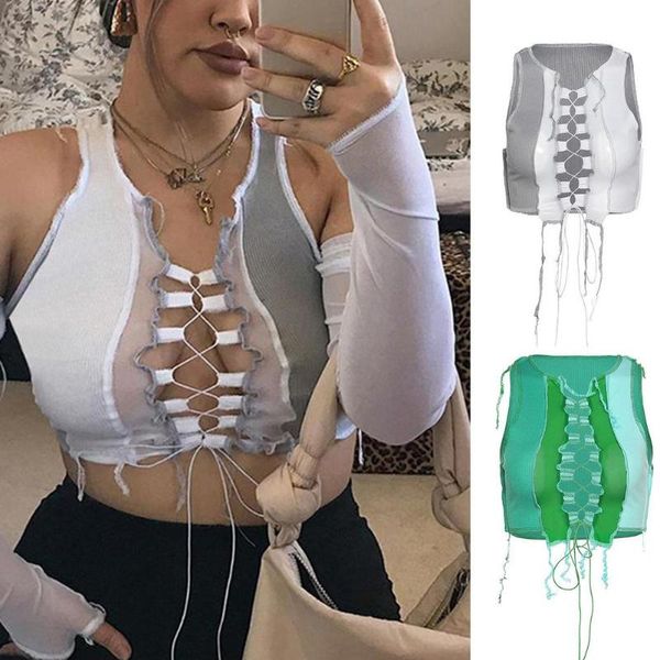 

women's t-shirt y2k ladies vest hollow women perspective mesh splicing stitching slim solid color street hips, White