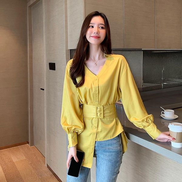

2021 fashion autumn korean chiffon shirt women's blouses casual long sleeve elegant loose v-neck long blouse female clothes, White