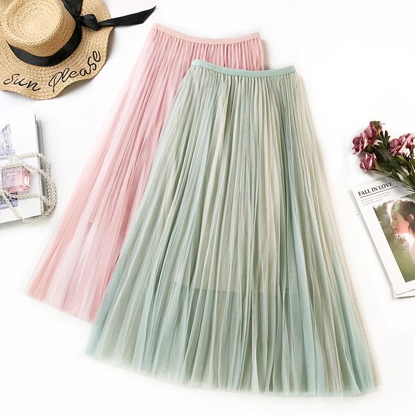 

2021 new summer mesh skirts stretch high waist a-line midi faldas jupe femme boho women pink skirt saia 1ely, Black