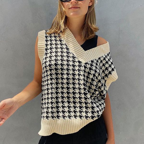 

new 2021 women fashion oversized houndstooth knitted vest sweater vintage sleeveless side vents female waistcoat chic all match lrpp, White;black