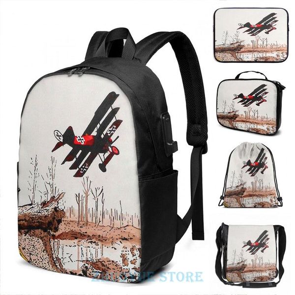 

backpack funny graphic print red baron usb charge men school bags women cosmetic bag travel laptop