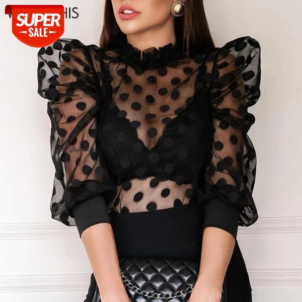 

WannaThis Puff Sleeve Dots Print Blouse Women Elegant Mesh See-through Long Sleeve Blouse Ruffles Sexy Lady Dots Top Spring New #Cy6H, White