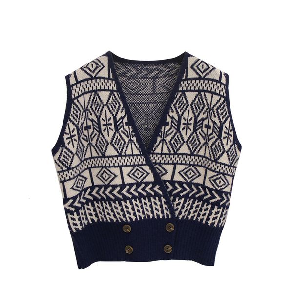 

2021 new women's autumn spring knitted vintage printing female sweater vest deep v neck sleeveless double breasted casual outwear egoc, Black;white