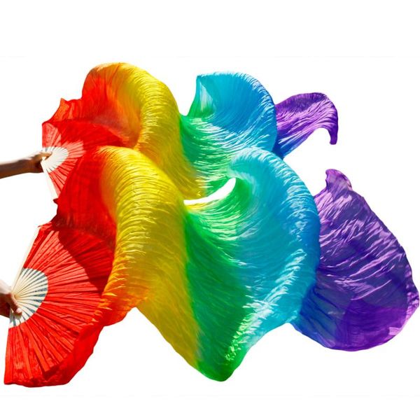 

wholesale 1pc right fans+1 pc left fans 5 size*0.9m(xx"*35") hand painted belly dance silk fan veil,rainbow color, Black;red