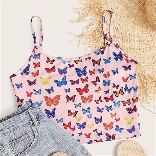 

women camisoles new fashion butterfly print sleeveless tank bodycon cute 2021 short vests summer female streetwear, White