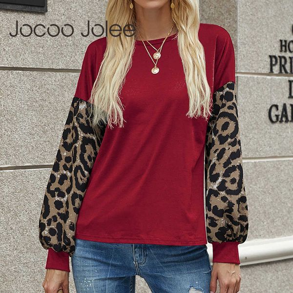 Jocoo Jolee Vintage Leopard Print Pottwork T-рубашка Повседневная Фонарь Рукав o Шея Свободные Футболки Женщины Осень Топы Туника 210619