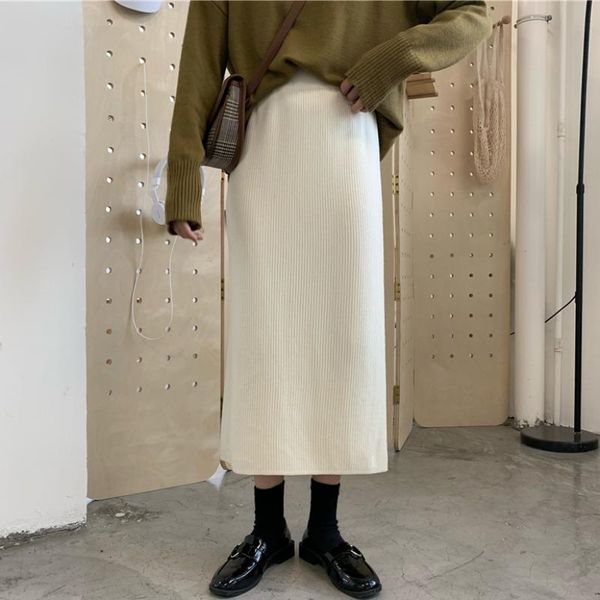 

elastic winter skirts women long elegant cute knitted skirt high waist vintage mujer faldas women's clothing by50bsq, Black