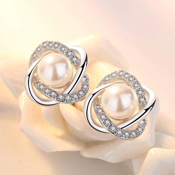 

stud upscale 925 sterling silver earrings zircon pearl twist luxury for women brincos pendientes bijoux, Golden;silver