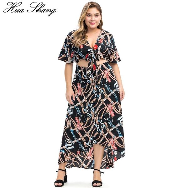 

casual dresses 6xl plus size beach dress women summer v neck short sleeve biw tie front crop chain print maxi long boho, Black;gray