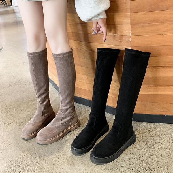 

boots woman flat autumn shoes luxury designer round toe boots-women thigh high heels low fashion rubber 2021 ove, Black