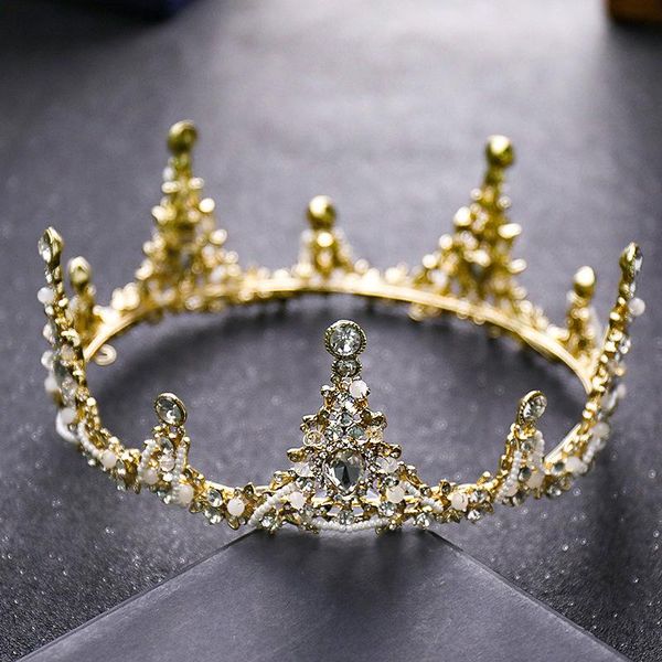 

crystal bridal tiaras round crowns women royal queen rhinestone baroque pageant diadem vintage wedding hair accessories jewelry, Golden;silver