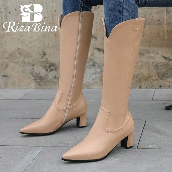 

boots rizabina size 30-43 women knee fashion zipper high heel winter shoes woman pointed toe long boot office lady footwear, Black